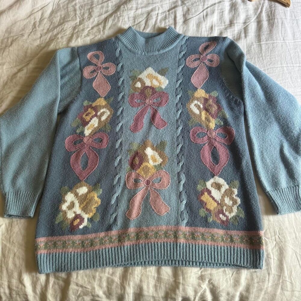 Vintage Alfred Dunner Grandmacore Pastel Bow Floral Blue Sweater Size Large